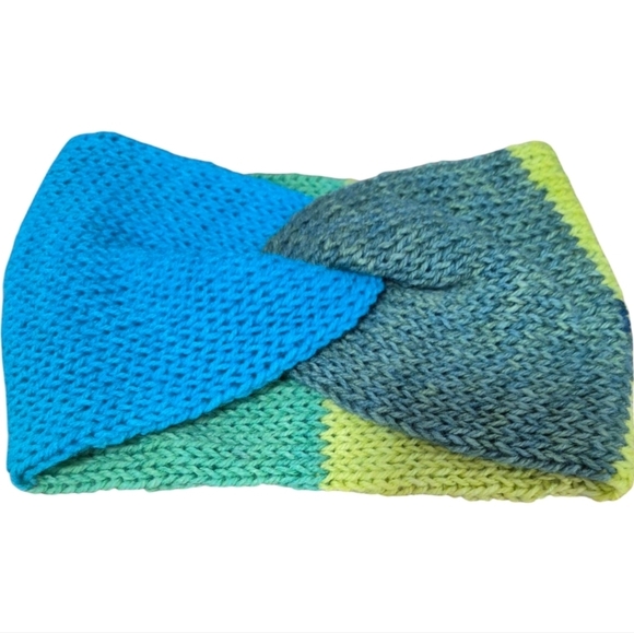 Hand Knit Twisted Headband in Blue Green Yellow - Picture 3 of 4